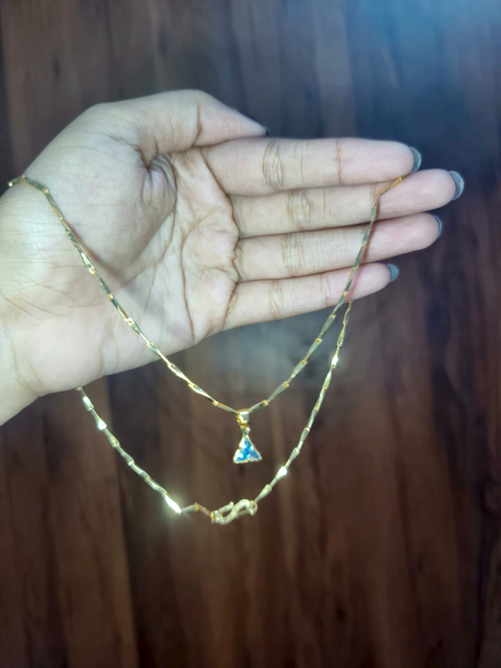 Elegant Blue Triangle Crystal Pendant Necklace for Women | Gold-Tone Minimalist Chain
