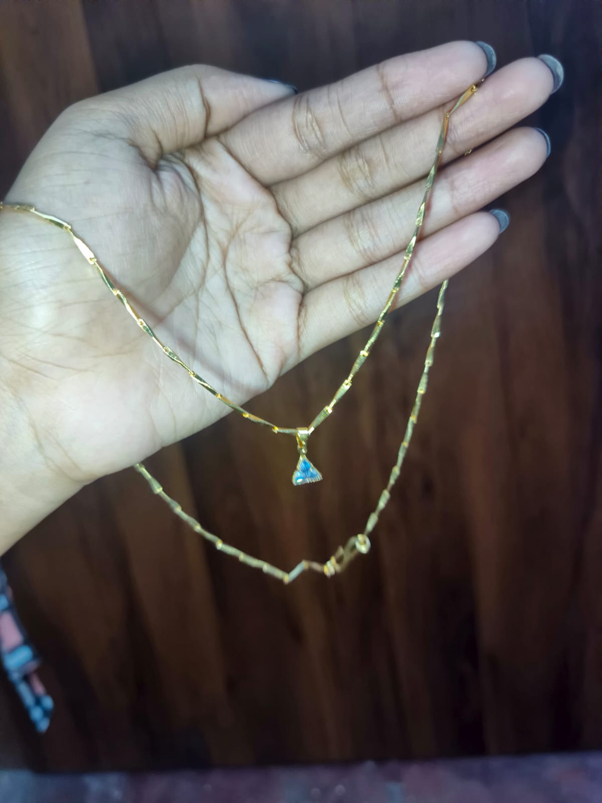 Elegant Blue Triangle Crystal Pendant Necklace for Women | Gold-Tone Minimalist Chain